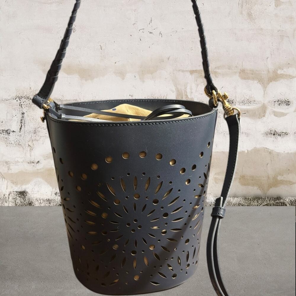 Chico's Navy Laser-Cut Bucket Crossbody with Tan Liner - Picture 7 of 9